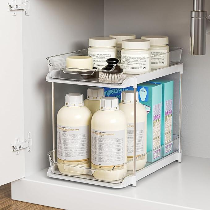 Delamu 2-Tier Multi-Purpose Bathroom Under Sink Organizers and Storage, Stackable Kitchen Pantry Organization, Pull Out Medicine Cabinet Organizer with Movable Dividers, White, 1 Pack - NeatNest