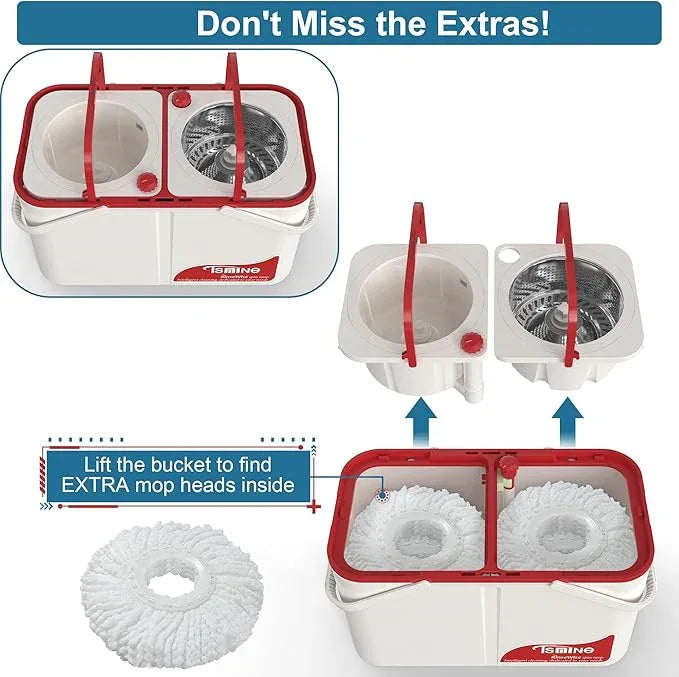Gen 1 Large-Capacity Spin Mop and Bucket – for Big Homes & Deep Cleaning Days,4-Chamber System Separates Dirty & Clean Water, 2-GAL Heavy-Duty Design with Wheels & 6 Refill Mop Heads - White/Red - NeatNest