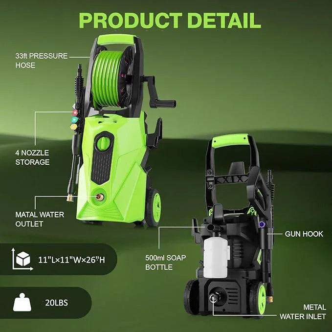 5000PSI Power Cleaner with 33FT Pressure Cleaner Hose, 4 Nozzles for Home/Car(Deep Green) - NeatNest