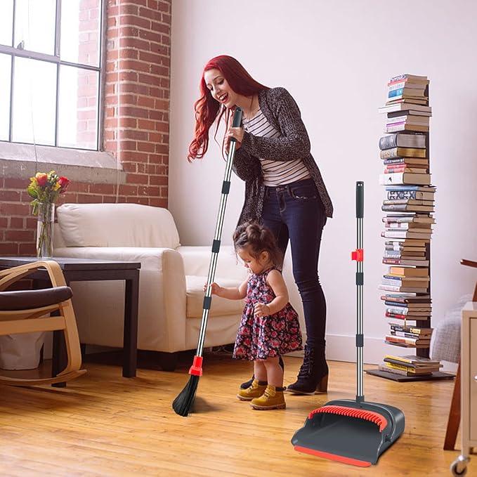 kelamayi Upgrade Broom and Dustpan Set, Broom with Dustpan Combo Set, Large Size and with Long Handle, Upright,Ideal for Indoor Outdoor Garage Kitchen Room Office Lobby Use (Black&Red) - NeatNest