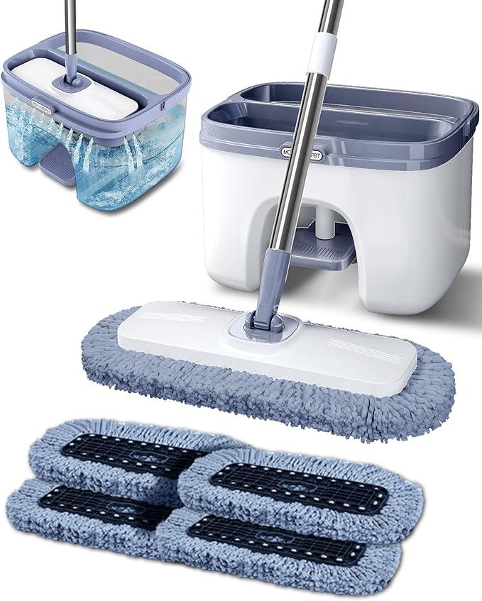 Flat Microfiber Mop and Bucket Set with Wringer, 360° Spin Mop for Floor & Wall Cleaning, 17.7x9in Wide Head, 4 Washable Pads, Hands-Free - NeatNest