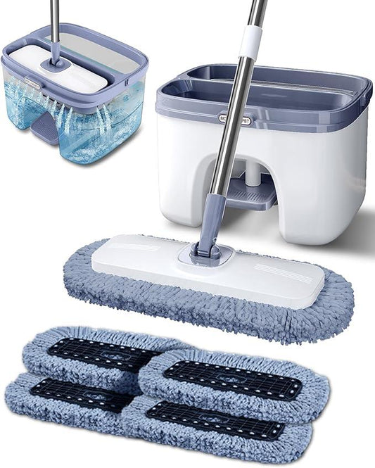 Flat Microfiber Mop and Bucket Set with Wringer, 360° Spin Mop for Floor & Wall Cleaning, 17.7x9in Wide Head, 4 Washable Pads, Hands-Free - NeatNest