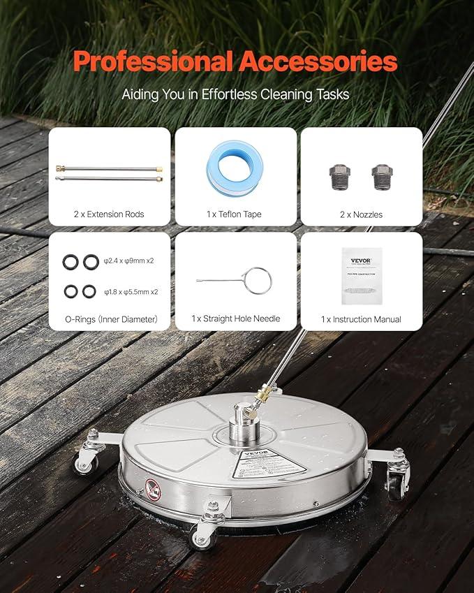 VEVOR 18" Pressure Washer Surface Cleaner, Stainless Steel Pressure Washer Attachments with 4 Wheels, 4000 Max PSI, 1/4 Quick Connector, 2 Spray Nozzles, 2 Extended Wands for Concrete, Patio, Deck - NeatNest