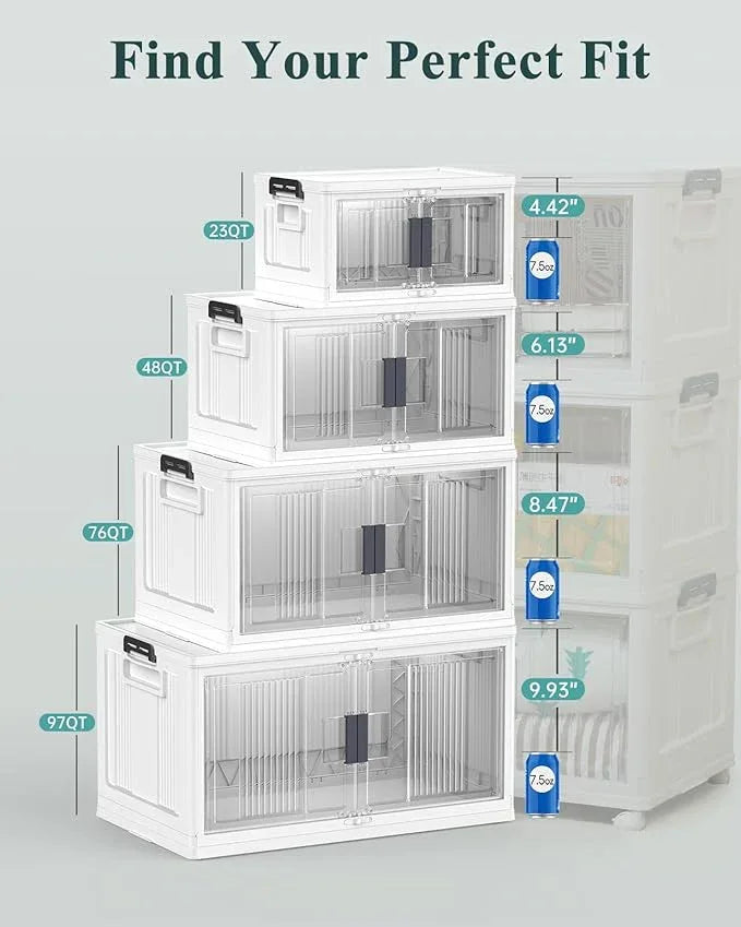 OlarHike 23QT Stackable Storage Bins with Lids - Folding Storage Box with Doors and Wheels, Collapsible Plastic Storage Drawers for Closets, 4 Pack Cubes - NeatNest