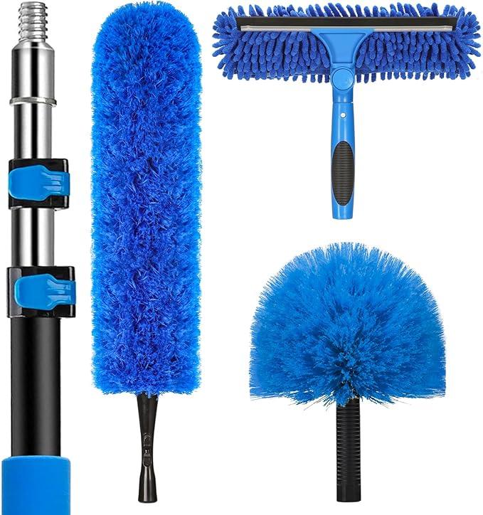 20 Feet High Reach Duster Kit with 5-12 Ft Extension Pole, Cobweb Duster with Telescoping Pole, Window Squeegee with Scrubber, Spider Web Brush, High Ceiling Fan Duster for High Window, Interior Roof - NeatNest