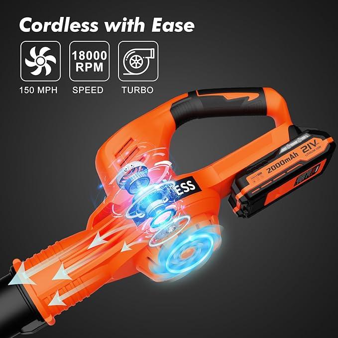 Leaf Blower Cordless - 21V Powerful Electric Leaf Blower with 2 Batteries and Charger, 2 Speed Modes, 2.0Ah Lightweight Battery Powered Leaf Blowers for Lawn Care, Patio, Dust, Blowing Leaves - NeatNest