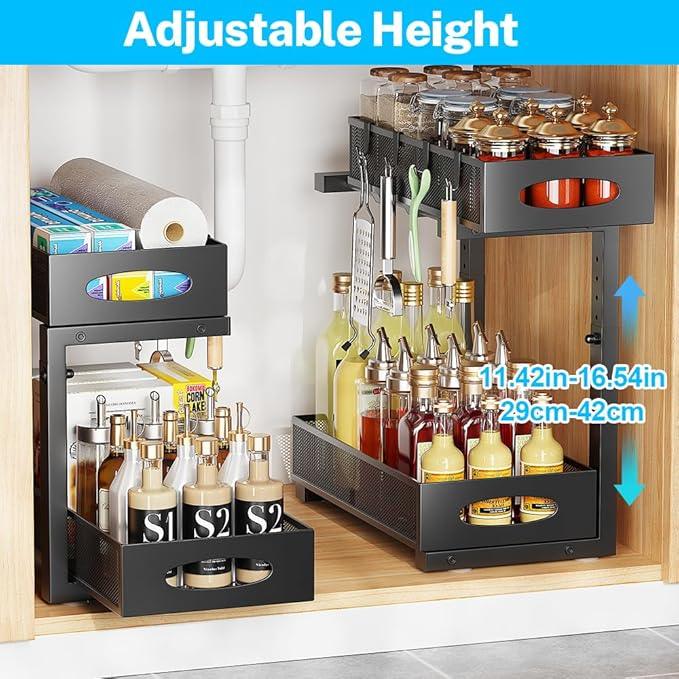 Under Sink Organizer, 2-Tier Pull Out Cabinet Organizer with Adjustable Height, Use in Kitchen Bathroom Cabinet and Countertop Storage, Black, 2-Pack - NeatNest