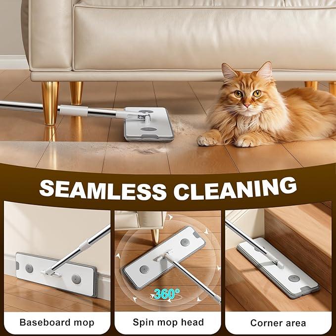 Flat Mop and Bucket System - Mop and Bucket with Wringer Set for Home | Wet Dry Mop for Apartment, Tiny Home, Windows, Wall, Hardwood Floor, RV with 6 Reusable Microfiber Cloth - NeatNest