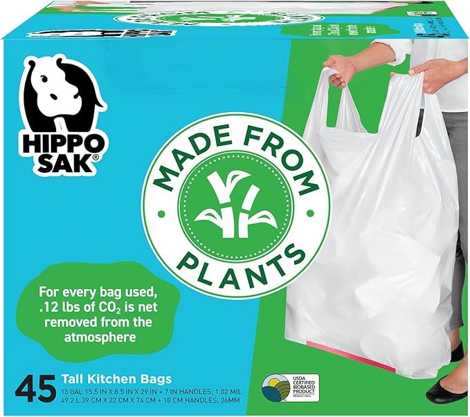 Hippo Sak - Plant Based Tall Kitchen Garbage Bags with Ergonomic Handles - 13 Gallon Trash Bags - Recyclable & Reduced Carbon Footprint - Super Strong and Leak Proof Tall Kitchen Trash Bags (45 Count) - NeatNest