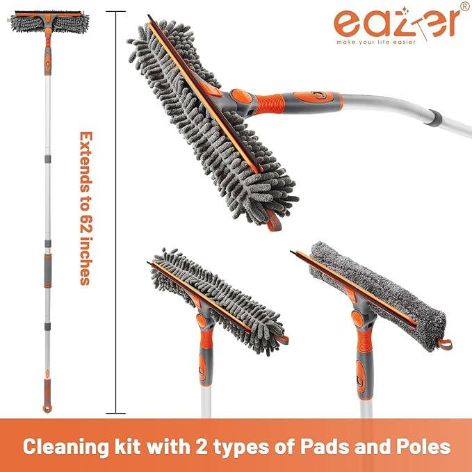 Eazer Squeegee Window Cleaner 2 in 1 Rotatable Window Cleaning Tool Kit with Elbow/Straight Extension Pole, 62‘’ Window Washing Equipment with Bendable Head for Indoor/Outdoor Car Glass - NeatNest