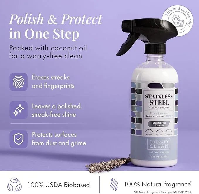 Therapy Stainless Steel Cleaner and Polish 100% USDA Biobased, Fingerprint and Residue Remover, Lavender Essential Oil Scent, Sink Cleaner, Grill Spray - NeatNest