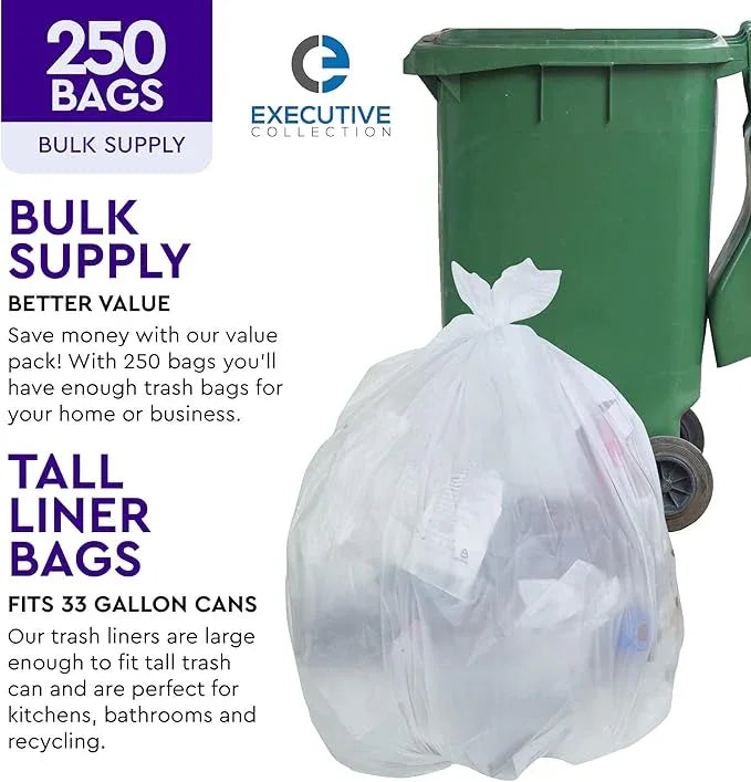 33 Gallon Trash Bags - 250 Count - 33" x 40" Clear Plastic Garbage Bags Tall Can Liners - Cleaning Products for Home, Office Bulk Trash, Light Residential or Commercial Waste, Indoor and Outdoor Use - NeatNest