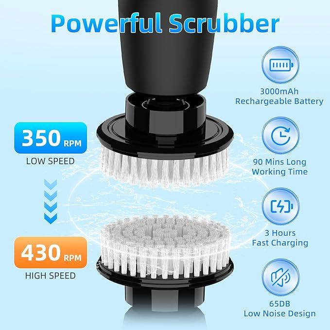 Black Electric Spin Scrubber, Cordless Spin Scrubber with 8 Replaceable Brush Heads, Electric Scrub Brush with Adjustable Extension Handle, Electric Cleaning Brush for Bathroom, Tile and Bathtub - NeatNest