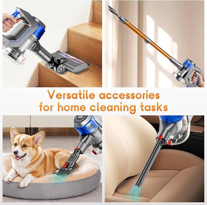 Cordless Stick Vacuum Cleaner - Rechargeable, Powerful Vacuums with Detachable Battery Display, Max 45Mins Runtime, 8 in 1 Handheld Vacuum for Hardfloor & Carpets Pet Hair, 45Kpa Yellow - NeatNest