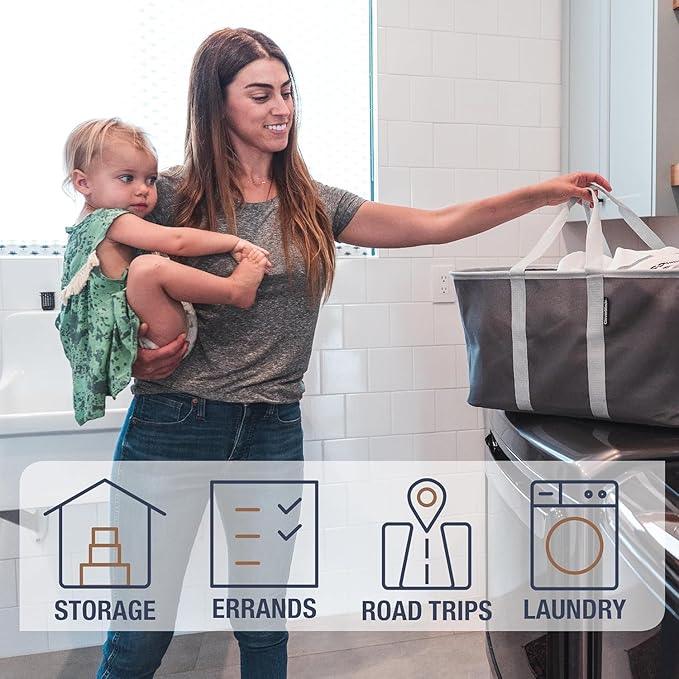 CleverMade Collapsible Laundry Tote - Midnight Black Shadow Gray 2-Pack 50L - Foldable Storage Organization Container for Clothes Laundry Room Storage - NeatNest