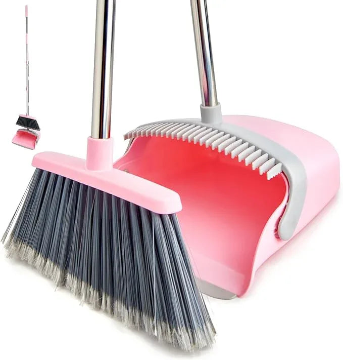 Broom and Dustpan Set, Dustpans with Broom Combo for Home, Heavy Dust Broom and Dustpan Combo, Long Handle Dust Pan and Broom Set for Kitchen, Office, Pet Hair(Gray Pink) - NeatNest