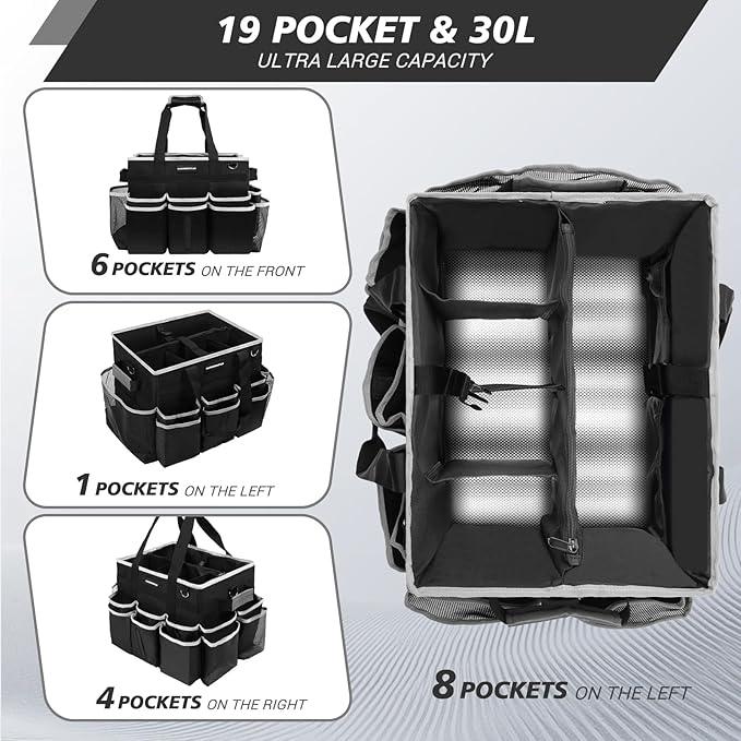 Large Rolling Cleaning Caddy Bag, Cleaning Caddy with Wheels with Detachable Trolley for Housekeepers, Water Resistant Cleaner Supplies Organizer with Wheels for Kitchen, Car, Picnic (Black-Grey) - NeatNest