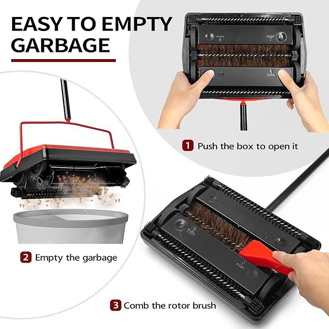 JEHONN Carpet Floor Sweeper Manual with Horsehair, Non Electric Quite Rug Roller Brush Push for Cleaning Pet Hair, Loose Debris, Lint (Red) - NeatNest
