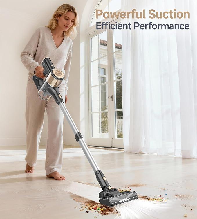 N17 Cordless Vacuum Cleaner, Upgraded Lightweight Stick Vacuum for Home, 45mins Runtime, Powerful Suction, Self-Standing, Anti-tangle, Rechargeable Vacuum for Hard Floor Carpets Pet Hair (Gold) - NeatNest