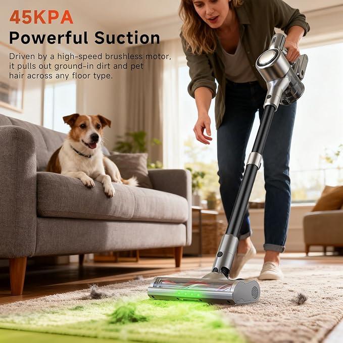 Cordless Stick Vacuum Cleaner - Rechargeable,45Kpa Powerful Suction Vacuum for Home,45Mins Runtime,Detachable Battery,Anti-Tangle, 8 in 1 Lightweight Vacuum for Pet Hair Carpet Hardwood,Silver - NeatNest