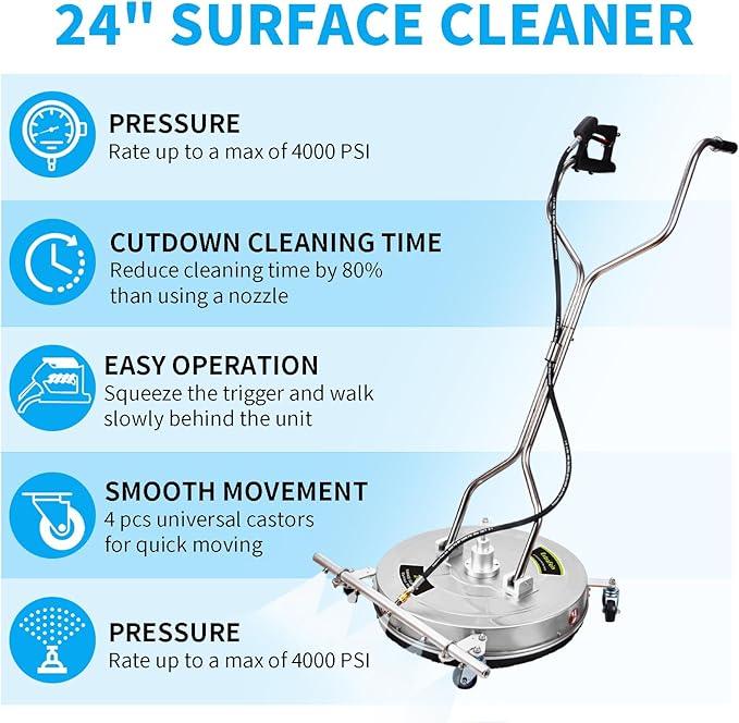 24" Pressure Washer Surface Cleaner Mate with 5 Nozzles Water Broom, Stainless Steel Dual Handle Power Washer Surface Cleaner Hot Water Supported for Patio Decker Concrete Driveway, 4200 PSI - NeatNest