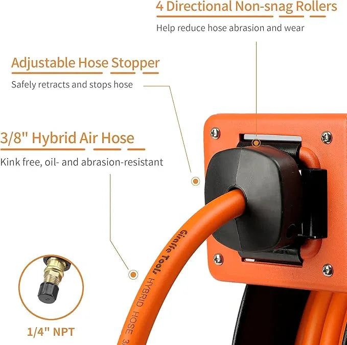 Giraffe Tools TA10 Retractable Air Hose Reel Swivel with 3/8 in. x 25 ft Hybrid Hose Max 300 PSI, Industrial Wall Mounted Compressor Hose Reel Heavy Duty, Air Compressor Heavy Duty Steel Reel - NeatNest