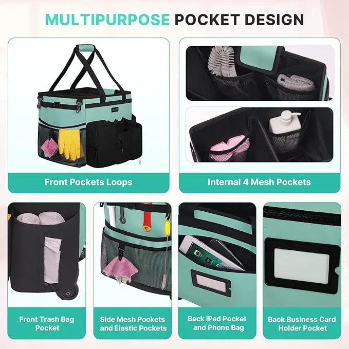 Large Rolling Cleaning Caddy Bag with Detachable Trolley, Waterproof Cleaning Caddy on Wheels for Housekeepers, Cleaning Cart Supplies Organizer for Home,Car,Office,Picnic (Blue-Green) (Patent) - NeatNest