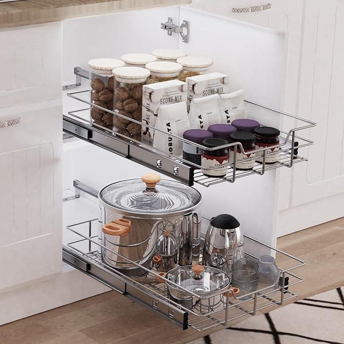 Pull Out Cabinet Organizer 11" W X 22" D, Slide Out Drawers For kitchen organizers and storage, Pull Out Drawers For Cabinets Capacity Heavy Duty Caddy, Cabinet Shelves Chrome-Plated, Bathroom Pantry - NeatNest