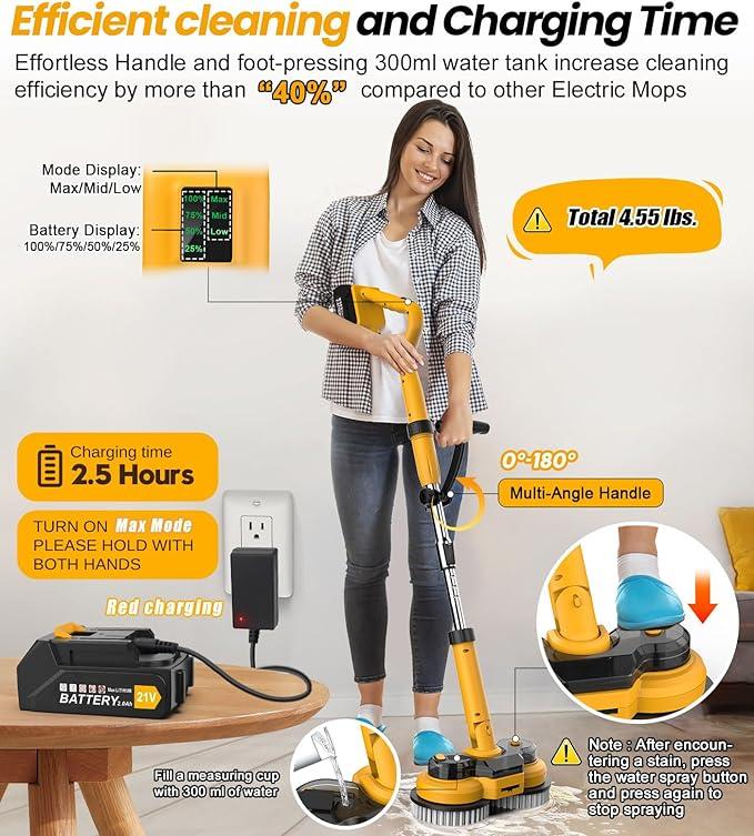 qimedo 6000mAh Battery Cordless Electric Mop M1 Pro, 800RPM Electric Power Scrubber & Mops for Floor Cleaning, Automatic Spin Mops with Smart Display,Rotating Mop with LED Light & Water Spray - NeatNest