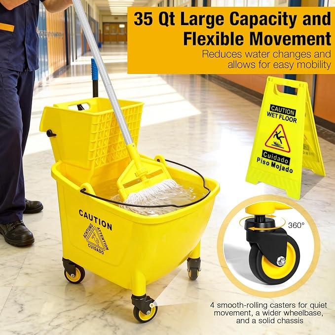 35 Qt Commercial Mop Bucket with Side Press Wringer on Wheels,Heavy Duty Industrial Mop and Bucket Set for Floor Cleaning,Including 1 Wet Floor Caution Sign for Household,Business,Yellow - NeatNest