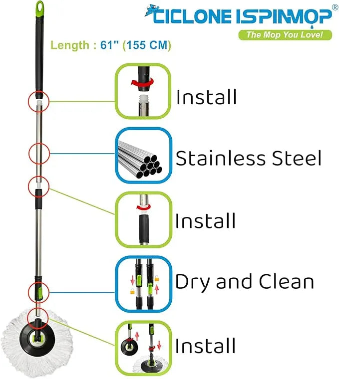 Spinning Mop and Bucket with Wringer Set for Home - 360 Spin Mop with Adjustable Handle & Bucket with Wheels - 1 Microfiber Mop Head - Mop and Bucket Set for Floor Cleaning at Home, Office, Hotel - NeatNest
