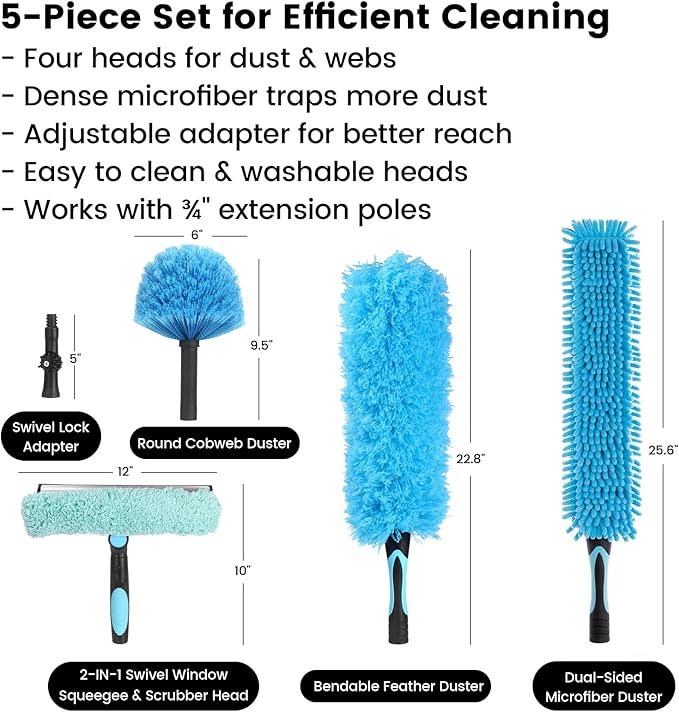 Ceiling Fan Duster Kit – 5-in-1 Bendable & Dual-Sided Heads – Washable Dusters for High Ceiling, Fans, Corners, Glass – Fits Standard ¾ Pole – Blue Cleaning Set - NeatNest