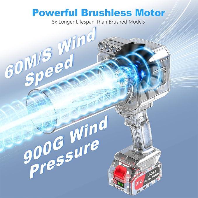 DEGGE Brushless Leaf Blower Cordless, Handheld Leaf Blowers with LED Work Light, Two Interchangeable Nozzles, Turbo Jet Blower for Lawn Care, Patio Cleaning, Garage Dust & Outdoor Use - NeatNest