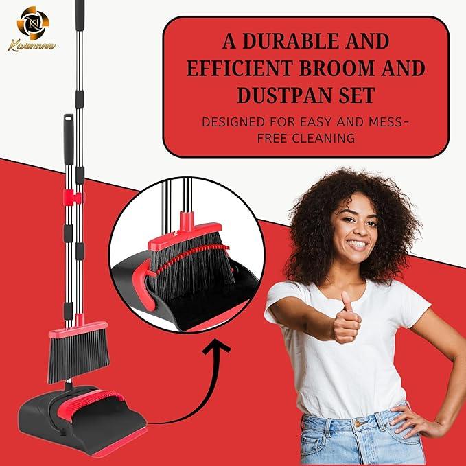Standing Broom and Dustpan Set, Built-in Scraper Teeth, No-Slip Grip, Dust Collection Tray for Home, Office, Lobby, and Outdoor, Adjustable Handle from 38.18" to 52" (Black and Red) - NeatNest