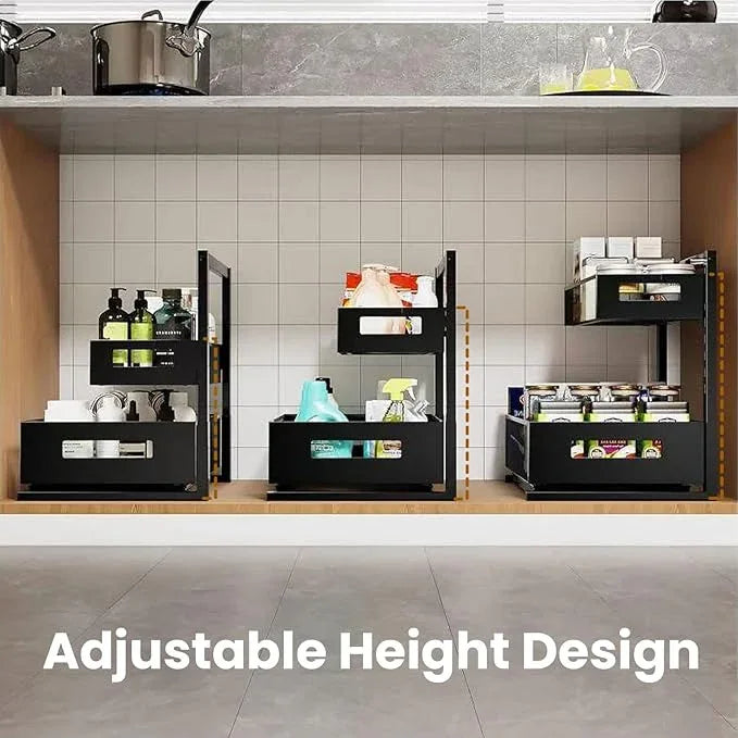 ONEUPIN Under Sink Organizer, Multi-Purpose 2 Tier Pull Out Cabinet Organizer Baskets，Adjustable Height Design Slide Out Storage Shelf for Home Kitchen and Bathroom (1 Pcs Black) - NeatNest