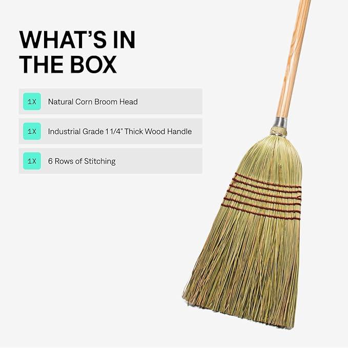 Corn Broom with Wood Handle Heavy Duty Indoor Outdoor Broom (1 1/4 Inch Handle) - NeatNest