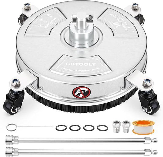 14" Pressure Washer Surface Cleaner, Stainless Steel Power Pressure Washer Attachment for Concrete, Patio, Driveway, Deck Cleaning, 2 Extension Wand Accessories, 1/4" Quick Connect, 4000 PSI - NeatNest