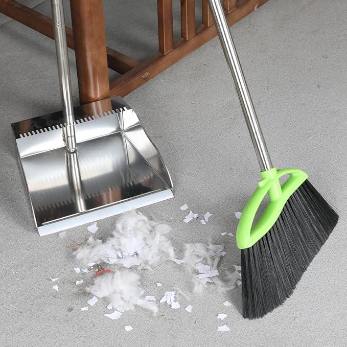 Metal Dustpan Long Handle Stainless Steel Dustpan,Heavy Duty Standing Dust Pan with Teeth, Indoor Outdoor Up for Home Kitchen Lobby Room Office - NeatNest