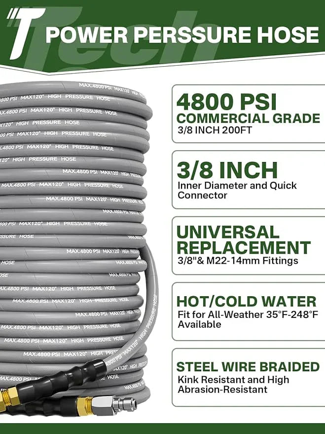 3/8" 4800PSI Pressure Washer Hose 200FT with Swivel Quick Connect for Cold/Hot Water Max 248°F, Kink Resistant Steel Wire Braided, Wear Resistant Power Washer Hose with M22 14mm Adapter - NeatNest