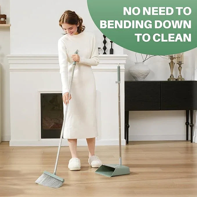 JOYMOOP Dark Teal Green Broom and Dustpan Set with 56” Handle, Upright Angle with Comb Teeth for Pet Hair and Hardwood Floors - NeatNest