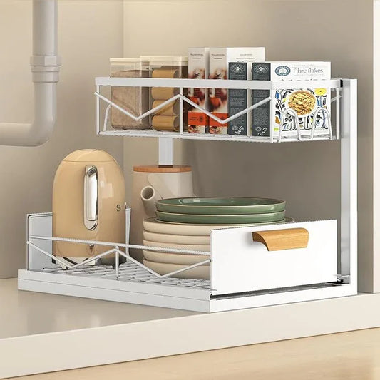Under Sink Organizer - 2 Tier Pull Out Cabinet Organizer with Sliding Drawers, Adjustable Metal Storage Shelf for Kitchen & Bathroom, Space Saving Storage Solution (White, 1-Pack) - NeatNest