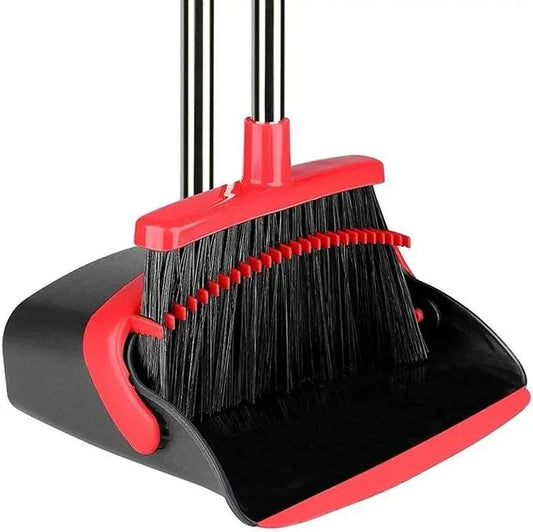Standing Broom and Dustpan Set, Built-in Scraper Teeth, No-Slip Grip, Dust Collection Tray for Home, Office, Lobby, and Outdoor, Adjustable Handle from 38.18" to 52" (Black and Red) - NeatNest
