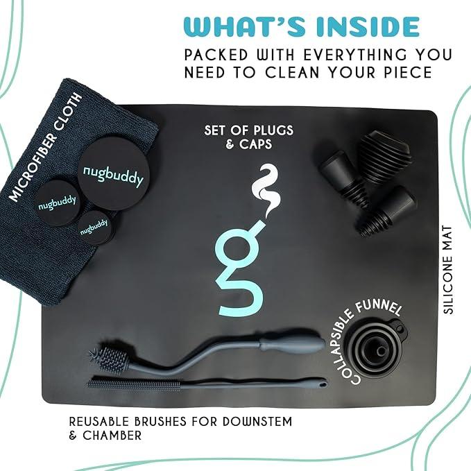 Glass Cleaning Kit - Reusable Silicone Accessories - Complete Kit to Clean your Piece, Just Add Cleaner - Reusable Soaker Bag, Brushes, Mat, Caps & Plugs, Funnel, & Microfiber Towel - NeatNest