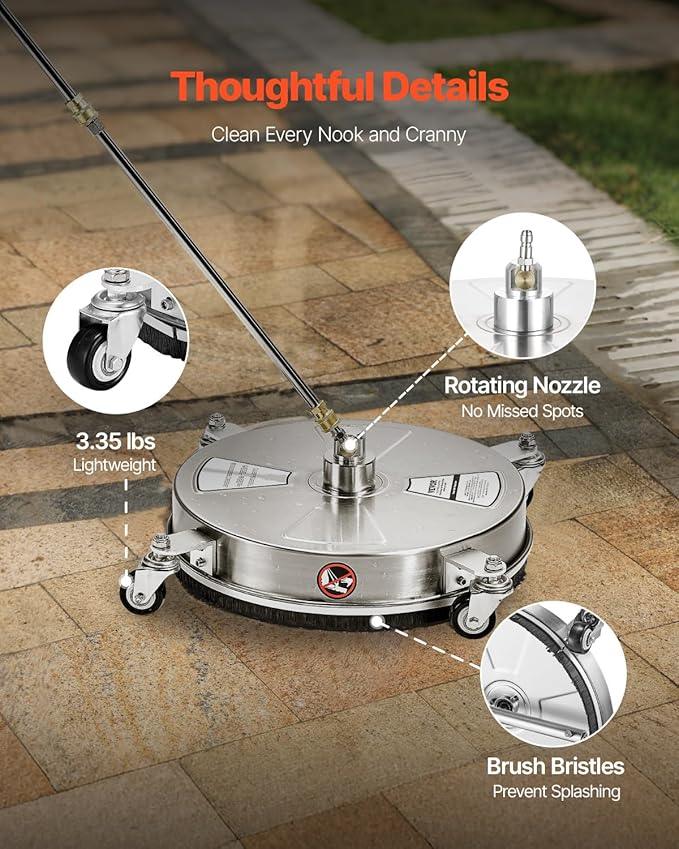 VEVOR 15" Pressure Washer Surface Cleaner, Stainless Steel Pressure Washer Attachments with 4 Wheels, 4000 Max PSI, 1/4 Quick Connector, 2 Spray Nozzles, 2 Extended Wands for Concrete, Patio, Deck - NeatNest