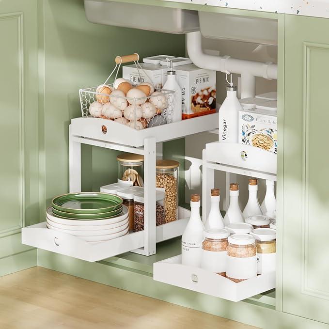 Bamboo Wood Under Sink Organizer 1 Pack, Pull Out Cabinet Organizer 2 Tier Under Sink Organizers and Storage with Sliding Drawer Sturdy Easy Assembly for Kitchen Bathroom Undersink (White, 2 Packs) - NeatNest