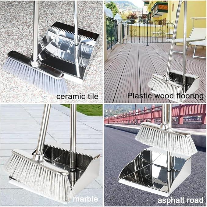 Metal Dustpan with Broom Set, Long Handle Stainless Steel Dustpan,Heavy Duty Standing Dust Pan with Teeth, Indoor Outdoor Up for Home Kitchen Lobby Room Office - NeatNest