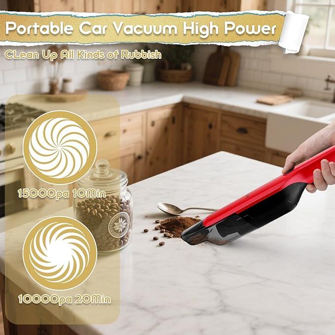Handheld Vacuum Cordless,15KPA High Power Suction,USB Quick Charge,Car Vacuum Cleaner with Storage Dock,Lightweight Rechargeable Dust Buster with Crevice Tool Pet Brush Hand Vac for Home,Red - NeatNest