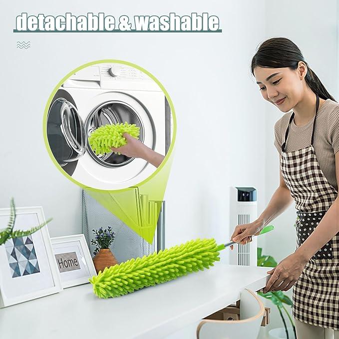 Microfiber Duster with Extension Pole 30 to 100'', Bendable Reusable Washable Feather Dusters for Cleaning High Ceiling Fan, Cobweb, Blinds, Keyboard, Furniture & Cars, Green Gift for Women (11 PCS) - NeatNest