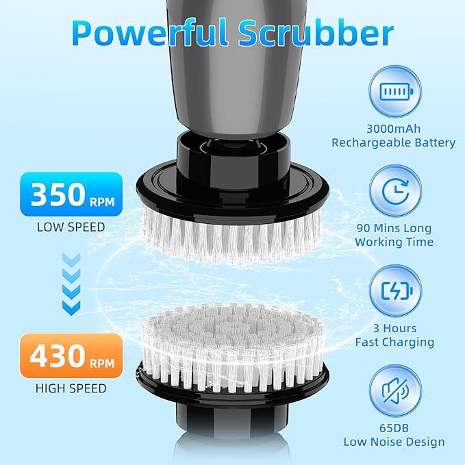 Gray Electric Spin Scrubber, Cordless Spin Scrubber with 8 Replaceable Brush Heads, Electric Scrub Brush with Adjustable Extension Handle, Electric Cleaning Brush for Bathroom, Tile and Bathtub - NeatNest