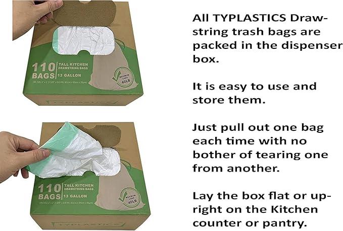 TYPLASTICS Tall Kitchen Drawstring Trash Bags, 13 Gallon, 110 Count - NeatNest
